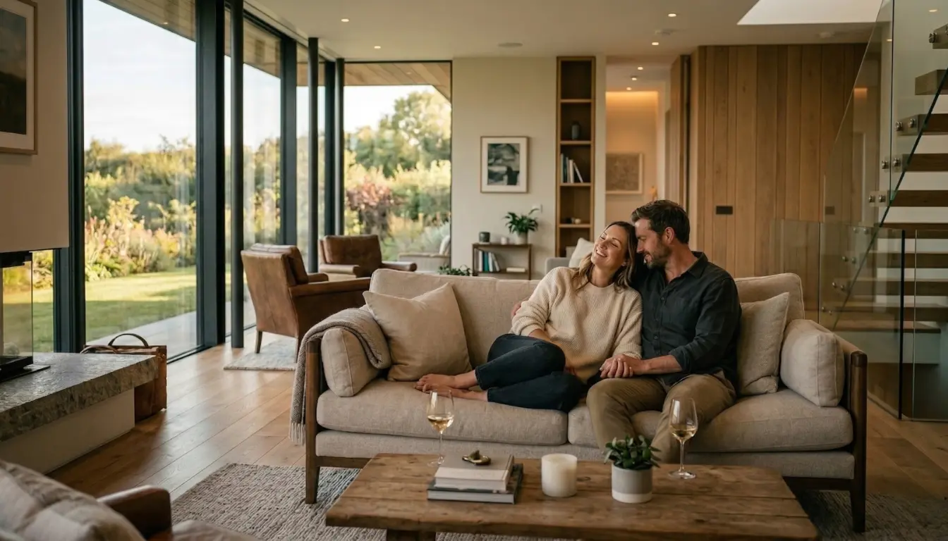 Luxury living room with whole-home audio streaming music throughout the space
