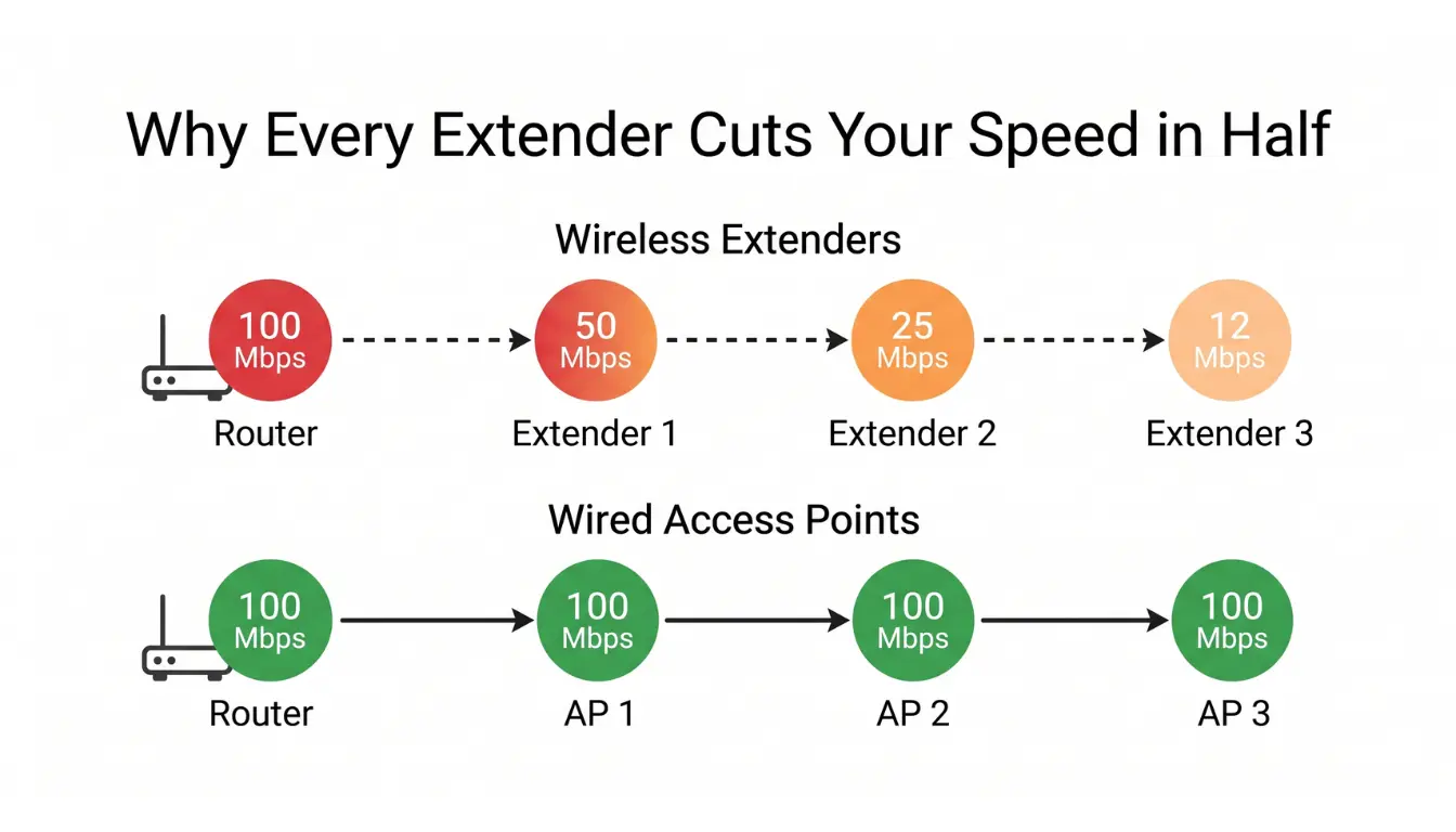 Wireless extenders halve bandwidth at each hop while wired access points retain full speed.